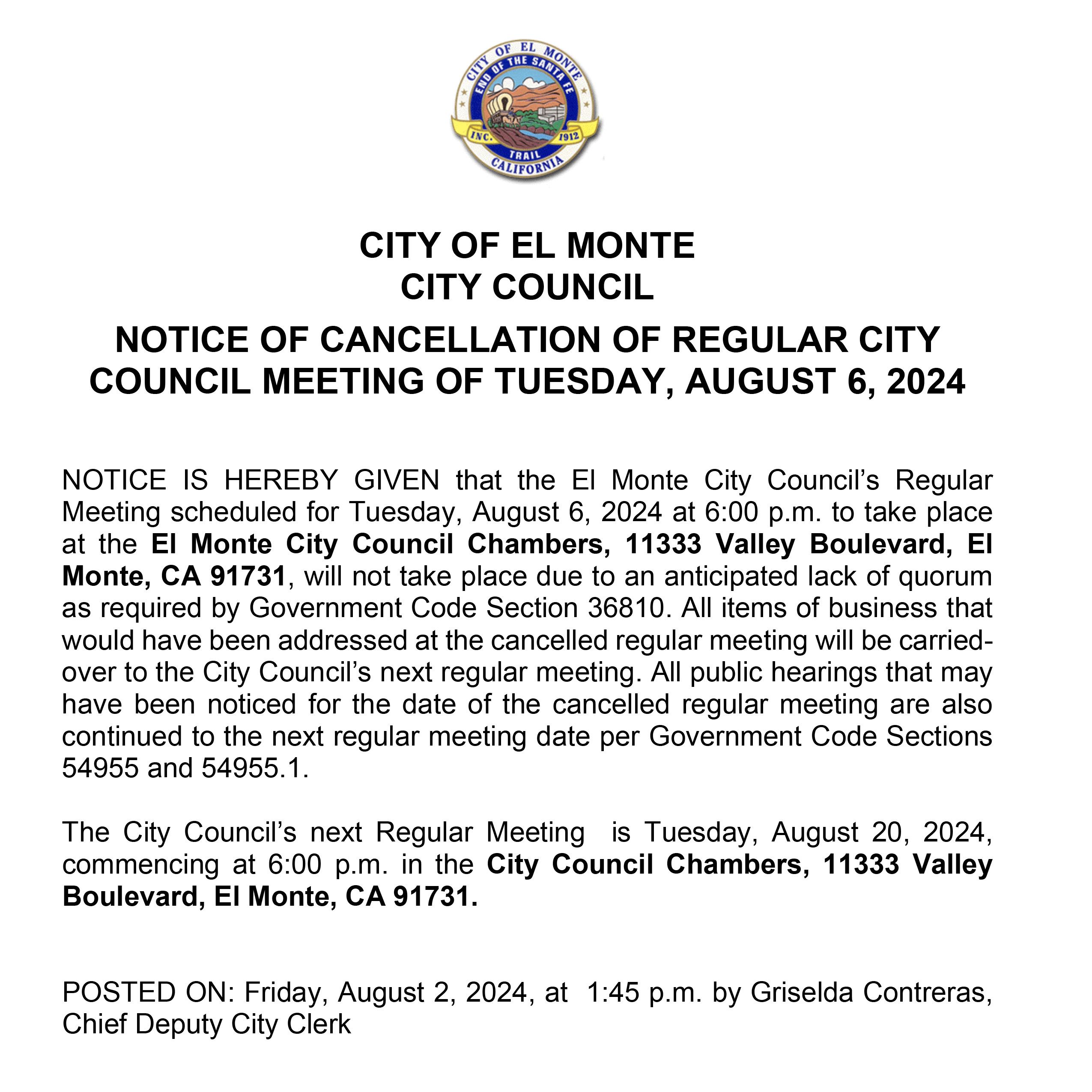 El Monte City Council Notice of Cancellation 08-06-2024